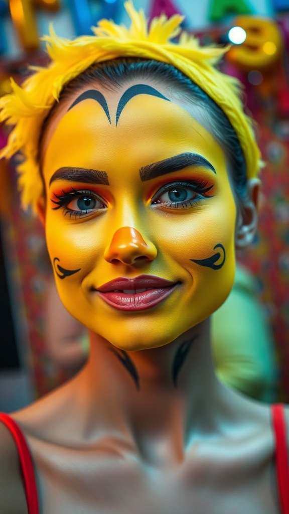 A person with bright yellow duck makeup, orange beak, and black eyeliner in a colorful party background.